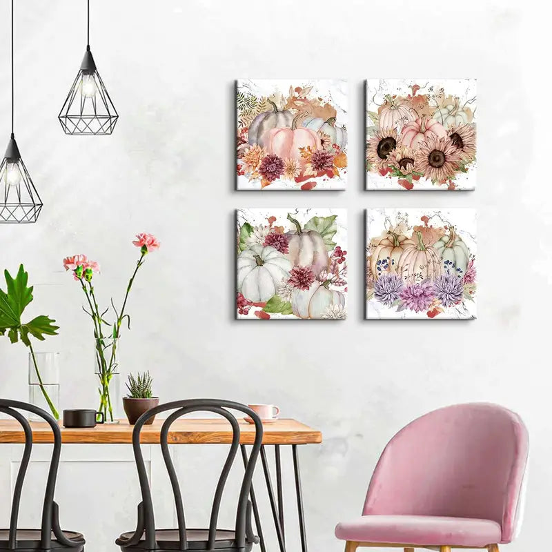 4pcs Rustic Farmhouse-Style Pumpkin & Sunflower Wall Art Canvas Framed