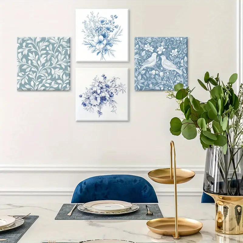 4pcs Monochromatic Blue Art Prints, Birds   Wall Art Canvas Framed