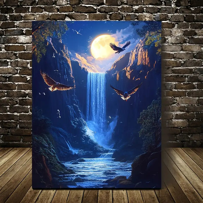 Vibrant Hawk & Waterfall Scene with Moonlight 40x60cm Metal Print Ready to Hang