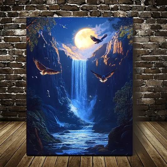 Vibrant Hawk & Waterfall Scene with Moonlight 40x60cm Metal Print Ready to Hang