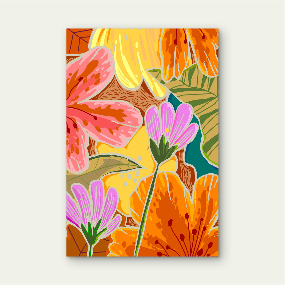 Illustrative and Abstract Floral Pattern 40x60cm Metal Print Ready to Hang