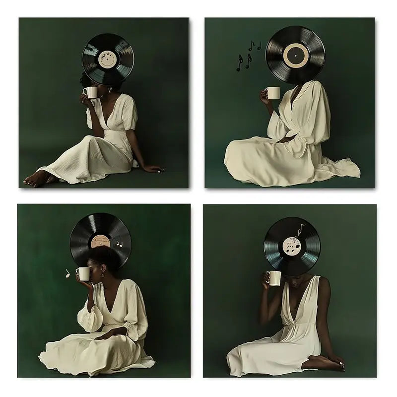 4pcs  Music Notes & Vinyl Record Wall Art Canvas Framed