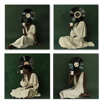 4pcs  Music Notes & Vinyl Record Wall Art Canvas Framed