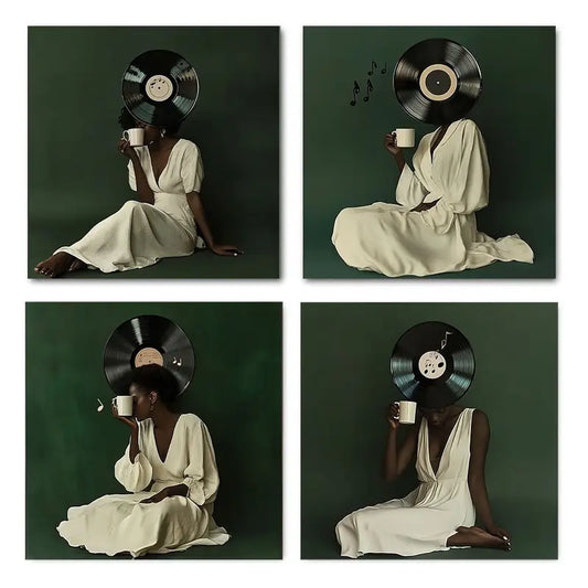 4pcs  Music Notes & Vinyl Record Wall Art Canvas Framed