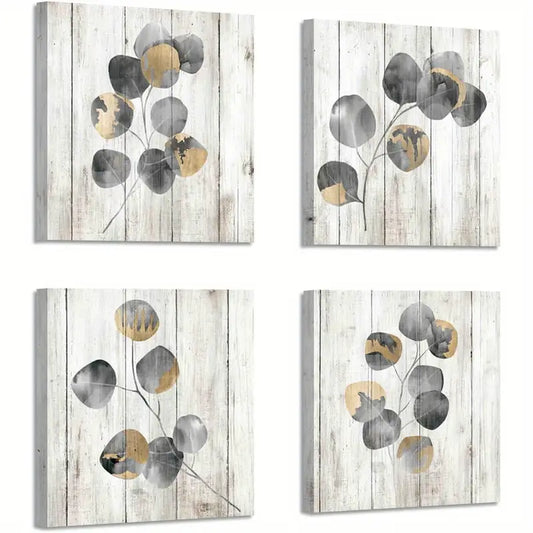 4pcs Plant Leaf Wood Texture   Wall Art Canvas Framed