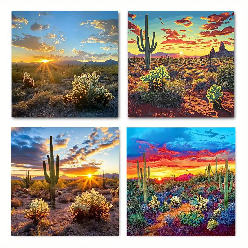 4pcs Cactus & Desert Landscape Prints, Wall Art Canvas Framed