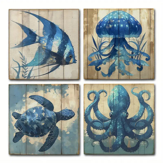 4pcs Blue Sea  Animals Wall Art Canvas Framed