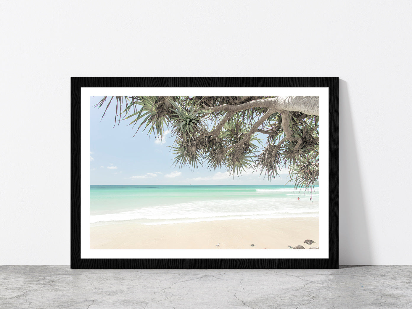 Trees near Sand Beach & Seawaves Photograph Glass Framed Wall Art, Ready to Hang Quality Print With White Border Black