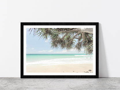 Trees near Sand Beach & Seawaves Photograph Glass Framed Wall Art, Ready to Hang Quality Print With White Border Black