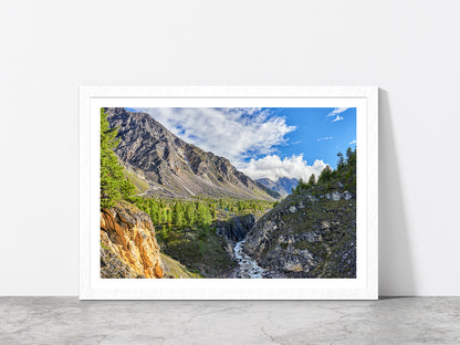 Narrow River In Siberian Mountain Glass Framed Wall Art, Ready to Hang Quality Print With White Border White