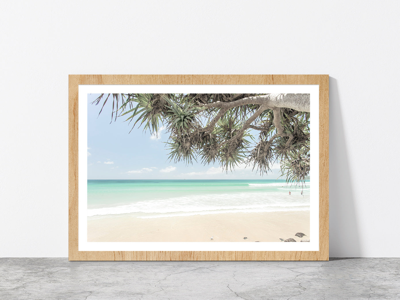 Trees near Sand Beach & Seawaves Photograph Glass Framed Wall Art, Ready to Hang Quality Print With White Border Oak