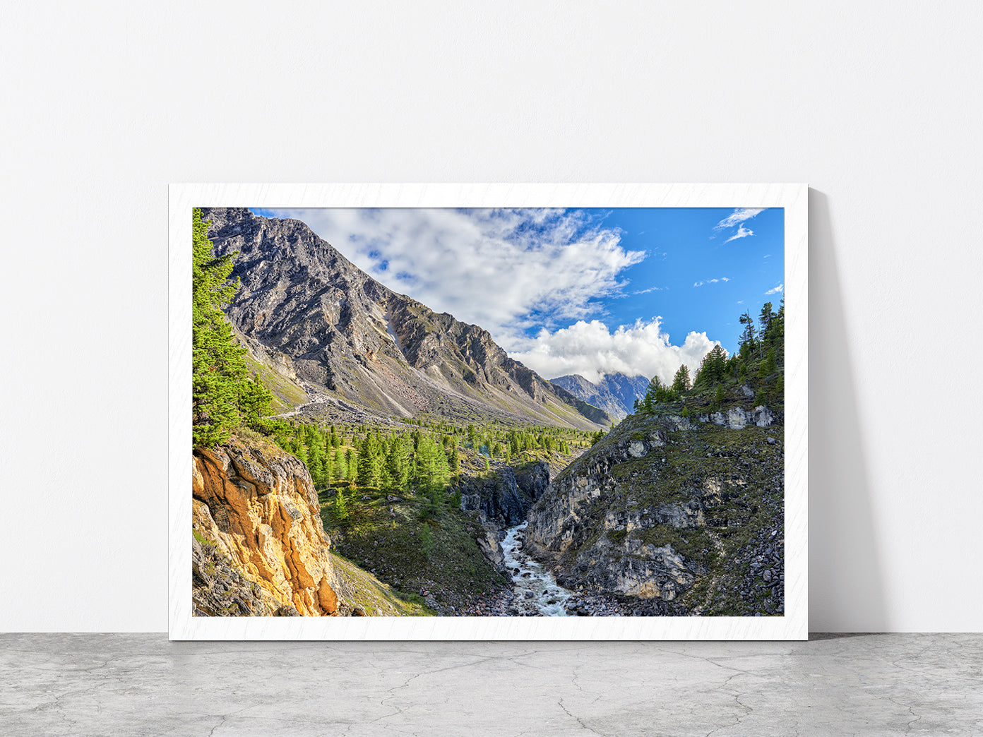 Narrow River In Siberian Mountain Glass Framed Wall Art, Ready to Hang Quality Print Without White Border White