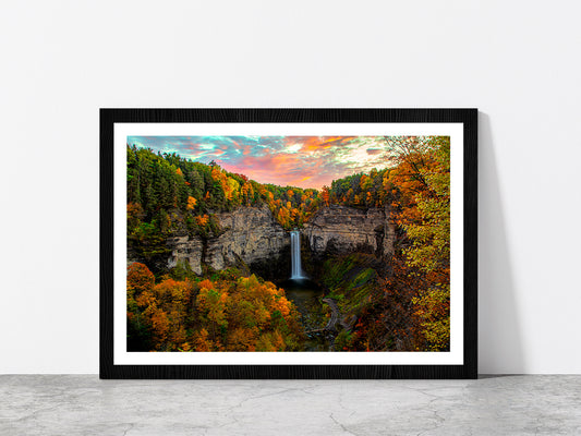 Taughannock Falls In Autumn Forest Glass Framed Wall Art, Ready to Hang Quality Print With White Border Black