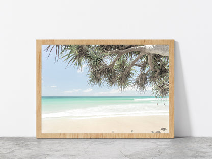 Trees near Sand Beach & Seawaves Photograph Glass Framed Wall Art, Ready to Hang Quality Print Without White Border Oak