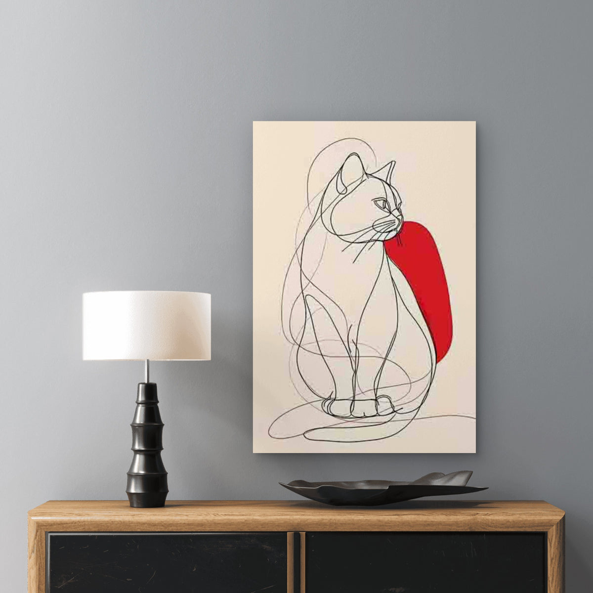 Line Drawing Cat Pattern with Red Accents 60x90cm Metal Print Ready to Hang