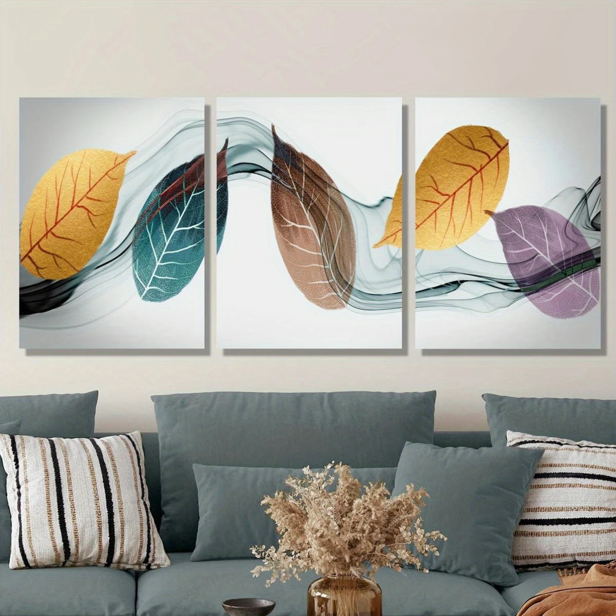 3pcs Fashionable Golden Leaves Abstract Design Metal Print Ready to Hang Art