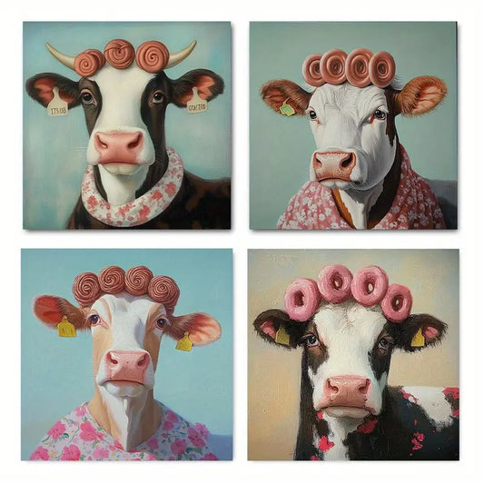 4pcs Whimsical Cow with Floral Scarves & Play Wall Art Canvas Framed