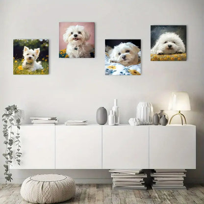4pcs Playful White Puppies In Floral Meadow Wall Art Canvas Framed