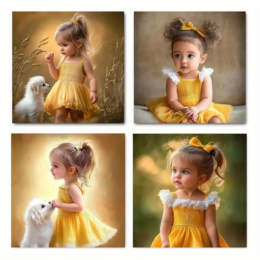 4pcs   Dog and GIRL Themed  R B    Wall Art Canvas Framed