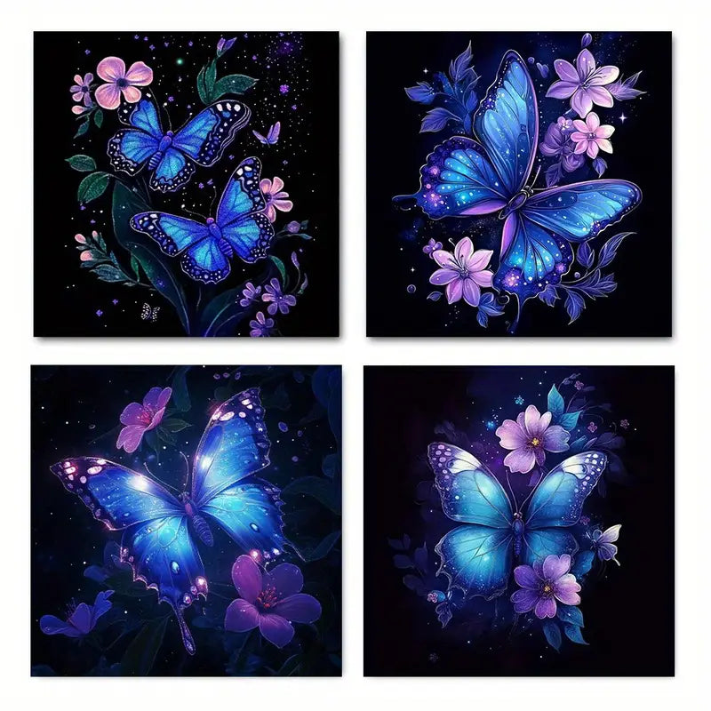 4pcs Purple Butterfly Purple Floral Elegant Wall Art Canvas Framed