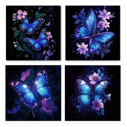 4pcs Purple Butterfly Purple Floral Elegant Wall Art Canvas Framed