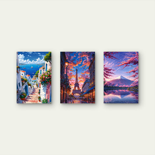 3pcs Paris Eiffel Tower Greece Mount Fuji Japan Wall Art Set Canvas Framed 60x90cm - High Quality Print 100% Australian Made Wall Canvas Ready to Hang