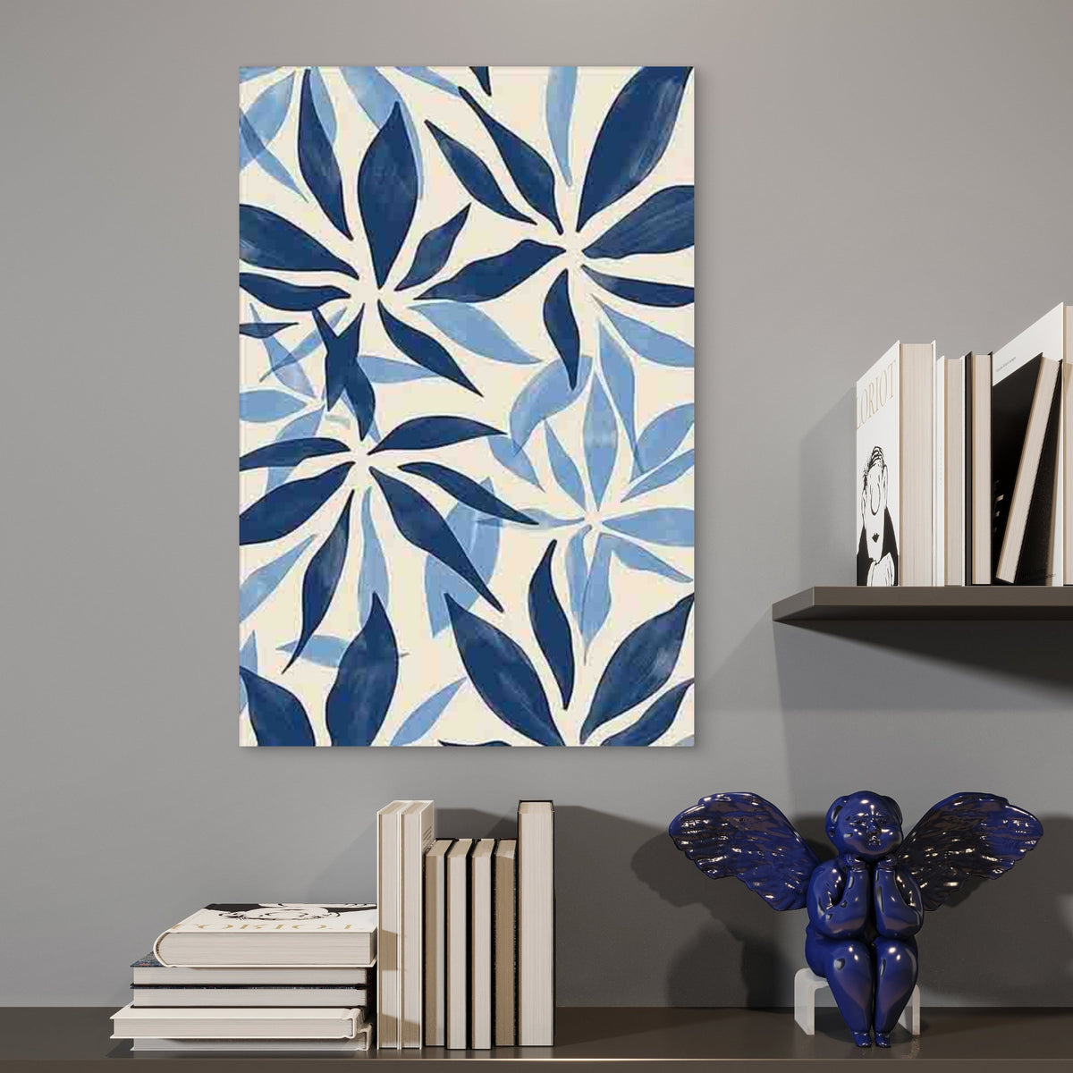 Minimalist Blue & White Leaf Pattern 60x90cm Metal Print Ready to Hang