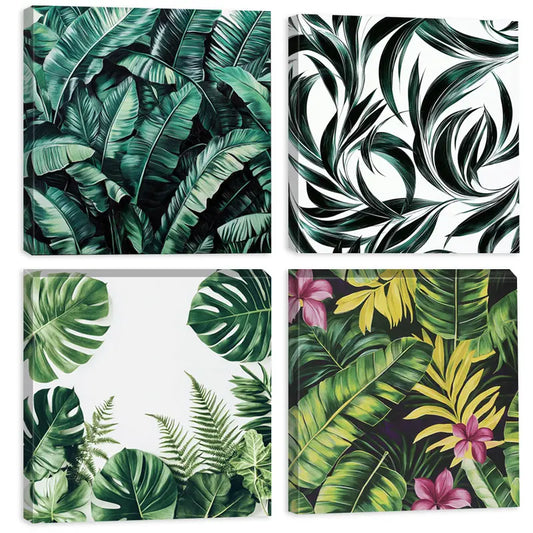 4pcs Tropical Leave  Circle  Greenery Pattern Wall Art Canvas Framed