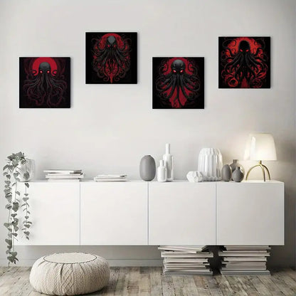 4pcs Black & Red Octopus Design Wall Art Canvas Framed