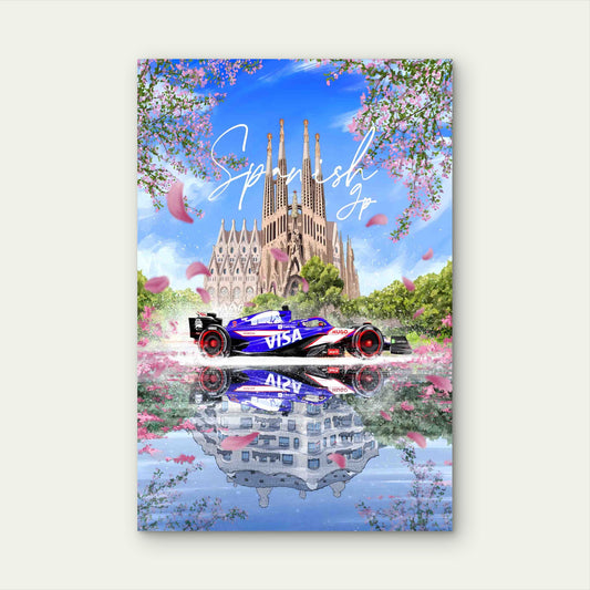 Blue Racing Car Spanish Grand Prix 60x90cm Metal Print Ready to Hang