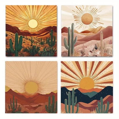 4pcs Cacti & Sun Design, Earthy Tones CST  Wall Art Canvas Framed