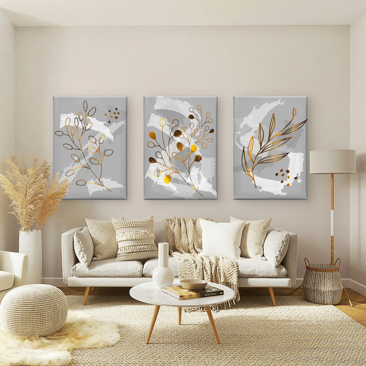 3pcs Abstract Gold Leaf Grey Botanical Trio Wall Art Set Canvas Framed 40x60cm - High Quality Print 100% Australian Made Wall Canvas Ready to Hang