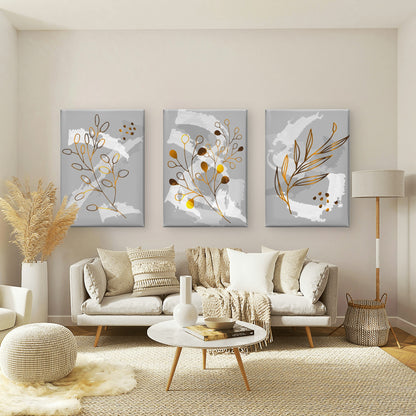 3pcs Abstract Gold Leaf Grey Botanical Trio Wall Art Set Canvas Framed 40x60cm - High Quality Print 100% Australian Made Wall Canvas Ready to Hang