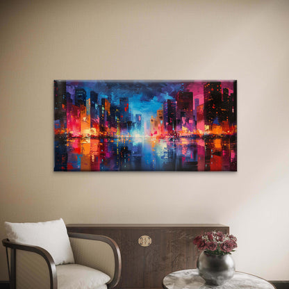 Neon Lights Across Streets Wall Art Canvas Office Home Room Framed 120x60cm