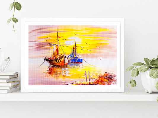 Boats On Sea Oil Painting Glass Framed Wall Art, Ready to Hang Quality Print With White Border White