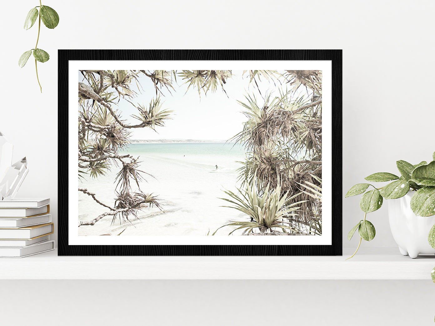 Trees near Surf Beach Faded Photograph Glass Framed Wall Art, Ready to Hang Quality Print With White Border Black