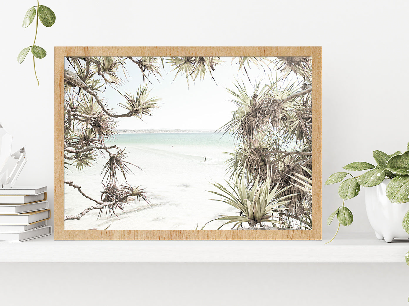 Trees near Surf Beach Faded Photograph Glass Framed Wall Art, Ready to Hang Quality Print Without White Border Oak