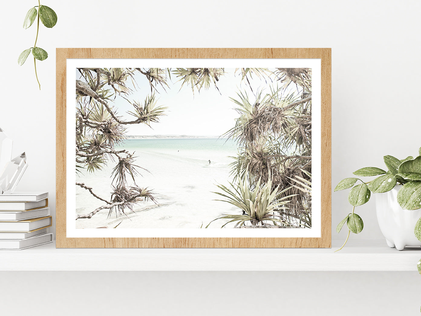 Trees near Surf Beach Faded Photograph Glass Framed Wall Art, Ready to Hang Quality Print With White Border Oak