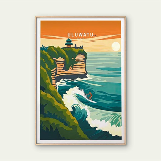 Uluwatu Bali Beach, Surfing in Big Waves Travel Poster Print Wall Art