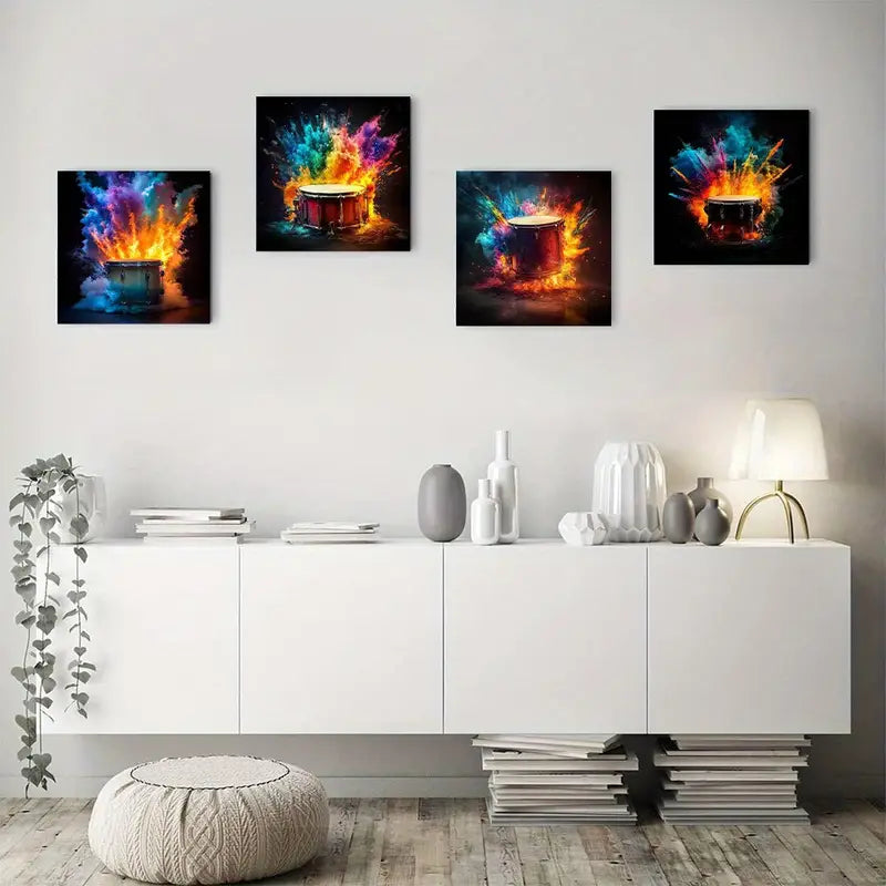 4pcs Vibrant Drum Colorful Music-Themed Wall Art Canvas Framed