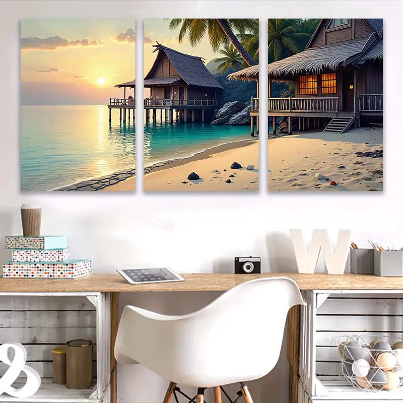 3pcs Palm Tree Ocean Beach Paradise Poster Wall Art Set Canvas Framed 60x90cm - High Quality Print 100% Australian Made Wall Canvas Ready to Hang