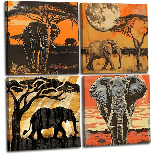 4pcs Elephants, Perfect for Decorating Wall Art Canvas Framed