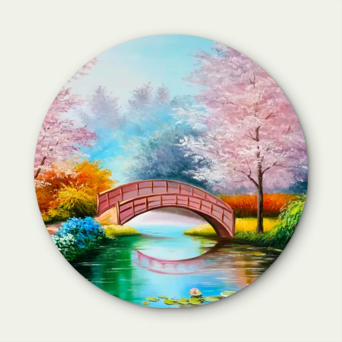 Pink Blossom Bridge Over the Lake Acrylic Glass Rounded Print Tempered Glass Wall Art 100% Made in Australia Ready to Hang