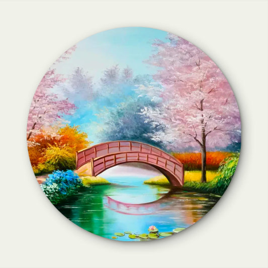 Pink Blossom Bridge Over the Lake Acrylic Glass Rounded Print Tempered Glass Wall Art 100% Made in Australia Ready to Hang