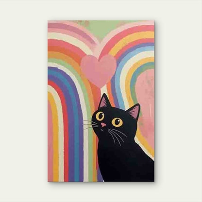 Black Cat Looking at Rainbow Heart 60x90cm Metal Print Ready to Hang