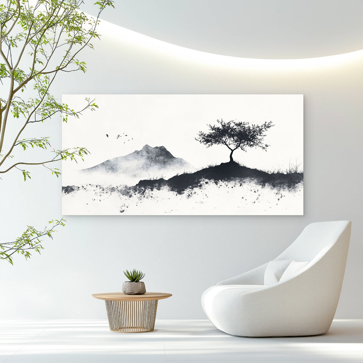 Mountain Tree Ink Wash Wall Art Canvas Office Home Room Framed 120x60cm