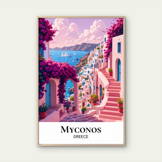 Mykonos Coastal Town With Staircase Greece Town Travel Poster Print Wall Art