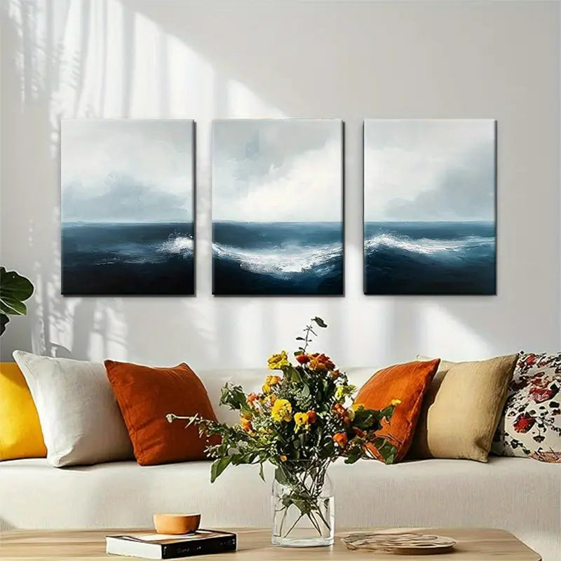 3pcs Gentle Flowing Waves and Soft Sky Hues Metal Print Ready to Hang Art