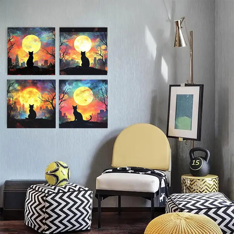 4pcs Black cat starry nigh Suitable  CV     Wall Art Canvas Framed