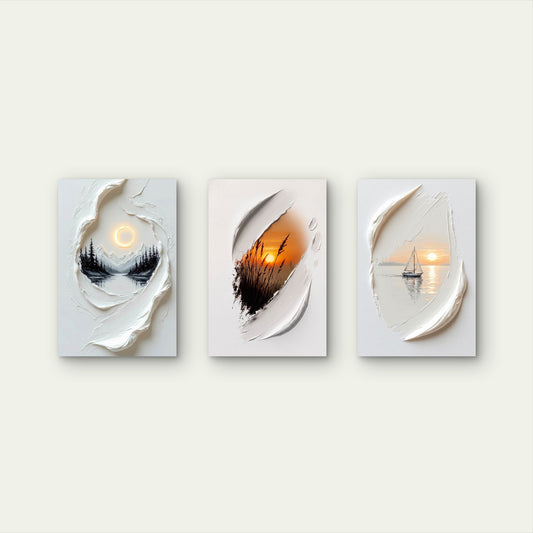 3pcs Sunset Sailboat Mountain Palette Knife Wall Art Set Canvas Framed 50x70cm - High Quality Print 100% Australian Made Wall Canvas Ready to Hang